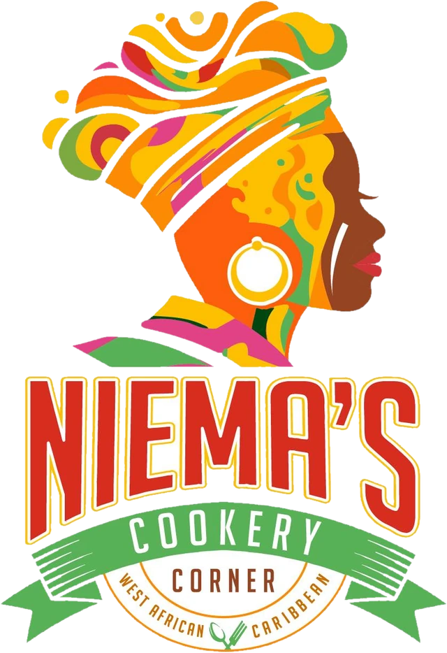 Niema's Cookery Corner logo: a woman in a bright head wrap above the words Niema's Cookery Corner, West African and Caribbean